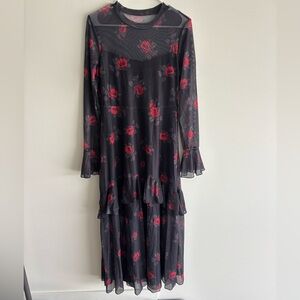 Urban Nymph Long Sleeve Black & Red Floral Print Dress - Size: M